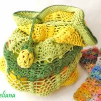 Einkaufsnetz, Shopper, Tasche, gelb, grün, 100% Baumwolle, Handarbeit, gehäkelt im Ananasmuster Bild 1