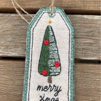 'Merry Xmas'-Geschenkanhänger aus grobem Leinen und Jute - bestickt mit stilisiertem Weihnachtsbaum Bild 1