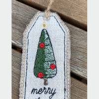 'Merry Xmas'-Geschenkanhänger aus grobem Leinen und Jute - bestickt mit stilisiertem Weihnachtsbaum Bild 3