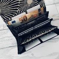 Geldbörse Portemonnaie Leinen - Chrysantheme Kunstleder - schwarz grau Bild 6