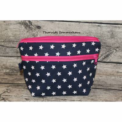 Kulturtasche große Größe mit Außentasche, Sterne dunkelblau, pink