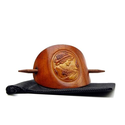 Leder Haarspange OX Antique Cameo Friederike by Vickys World - Rindsleder & Holz