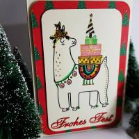 Bunt fröhlich Gruß -Karte Lama Pakete Weihnachtskarte Handmade handcoloriert Bild 1