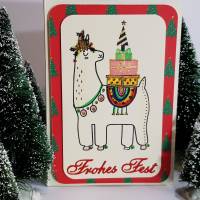Bunt fröhlich Gruß -Karte Lama Pakete Weihnachtskarte Handmade handcoloriert Bild 3