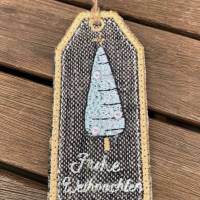 Geschenkanhänger aus grobem Leinen und Jute - metallic bestickt mit stilisiertem Weihnachtsbaum Bild 2