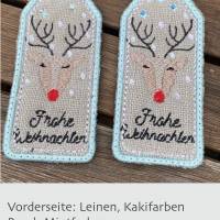 'Frohe Weihnachten'-Geschenkanhänger aus Leinen und Jute - eisblau bestickt mit Reindeer Bild 1