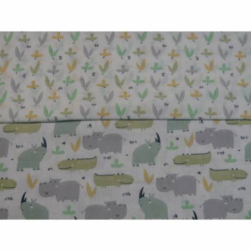 2 x 0,5m Stoffpaket, Baumwolle Rhino Flusspferd / Hippo / Nilpferd bunt auf weiß