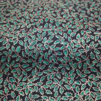 Patchworkstoff kleine grüne Blättchen mit feinem Goldrand auf schwarzem Hintergrund - Hoffman Fabrics Nr. 046 Bild 1