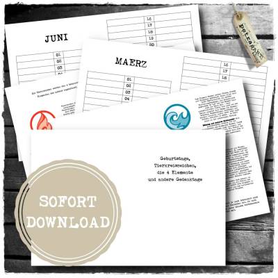 Geburtstagskalender "Die 4 Elemente" - zum Heft faltbar - DinA5 *SOFORT DOWNLOAD*