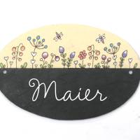 Schiefertürschild oval handbemalt Blumenwiese Wunschname personalisiert, Familienschild Schiefer, Schieferschild bunt Bild 2