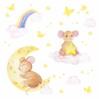 192 Wandtattoo Maus mit Mond und Wolke - Aquarell Regenbogen, Sterne - in 6 versch. Größen erhältlich Sticker Aufkleber Bild 2