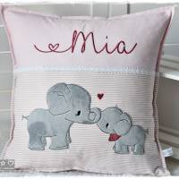 Kissen 40cmx40cm rose/weiß gemustert mit Elefanten, personalisierbar Bild 3