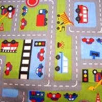 beschichtete Baumwolle STREET CARS – Straßen Autos Feuerwehr hellblau grün von Glünz Spieltteppich Utensilos Fahradtasch Bild 1