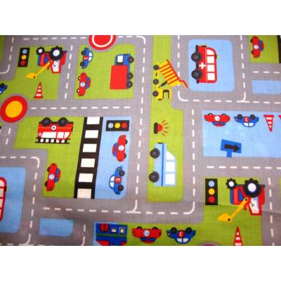 Beschichtete Baumwolle STREET CARS – Straßen Autos Feuerwehr hellblau grün von Glünz, abwischbar, 135cm breit