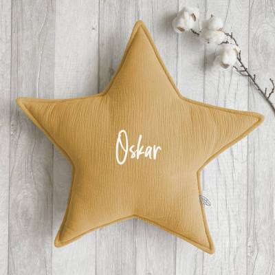 Sternkissen aus Musselin | Senfgelb | Personalisierbar