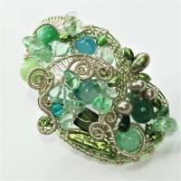 Sehr großer Ring grün Perlen an Fluorit 75 x 45 mm handgemacht in wirework silberfarben crazy Handschmuck Bild 5