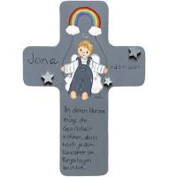 Schutzengelkreuz Junge mit Regenbogen Taufkreuz, Kinderkreuz Geschenk zur Taufe / Geburt Bild 1