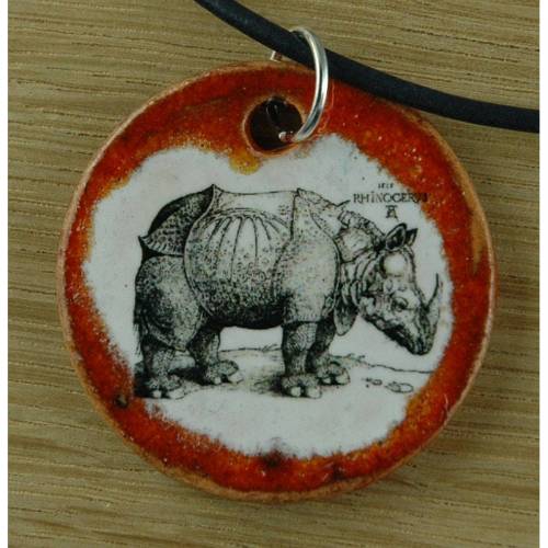 Orgineller Keramik Anhänger mit einem Nashorn nach Albrecht Dürer, Renaissance, Maler, Kunstdruck, Gemälde
