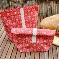 Lunchbag Snackbeutel Brotzeitbeutel - waschbar mit Klettverschluss - Rot mit Retro Blumen Bild 2