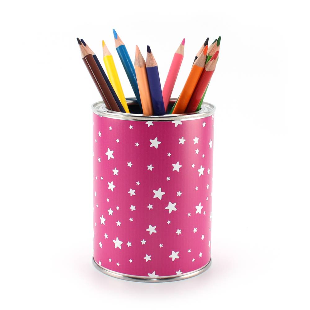 Stiftebecher Sterne pink/weiß inkl. 12 Dreikant Buntstiften