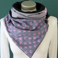 Wickelschal Rosen grau pink Knopfschal Fleece warmer Schal mit Knopf Patchwork Bild 1