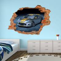 108 Wandtattoo Rennwagen Sportwagen silber gelb - Loch in der Wand in 6 Größen Kinderzimmer Wanddeko Sticker Bild 3