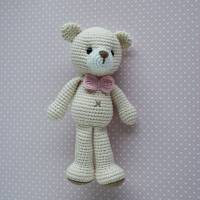 Häkeltier Kuscheltier Teddybär cremeweiß/rosa aus Baumwolle handgemacht Bild 2