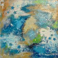 BLUE STARS  - abstraktes Leinwandbild auf 3,5cm dickem Galeriekeilrahmen 29cmx29cm, mit glitzernden blauen Sternchen Bild 3