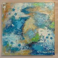 BLUE STARS  - abstraktes Leinwandbild auf 3,5cm dickem Galeriekeilrahmen 29cmx29cm, mit glitzernden blauen Sternchen Bild 4