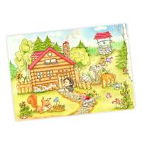 064 Waldhaus Tiere Zeichnung - Poster Bild für das Kinderzimmer oder Babyzimmer - in 5 Größen - Igel Hase Eichhörnchen Bild 1