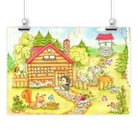 064 Waldhaus Tiere Zeichnung - Poster Bild für das Kinderzimmer oder Babyzimmer - in 5 Größen - Igel Hase Eichhörnchen Bild 2