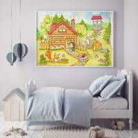 064 Waldhaus Tiere Zeichnung - Poster Bild für das Kinderzimmer oder Babyzimmer - in 5 Größen - Igel Hase Eichhörnchen Bild 3