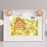 064 Waldhaus Tiere Zeichnung - Poster Bild für das Kinderzimmer oder Babyzimmer - in 5 Größen - Igel Hase Eichhörnchen Bild 4