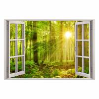 216 Wandtattoo Fenster - grüner Wald 2 Sonnenstrahlen - in 5 Größen - Wandbild Paradies Wanddeko Bild 1