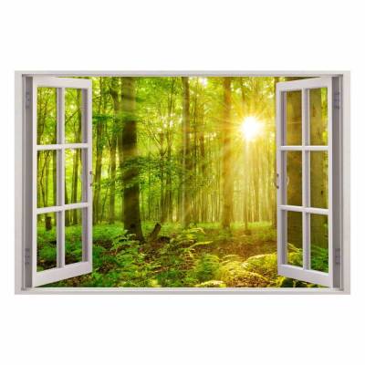 216 Wandtattoo Fenster - grüner Wald 2 Sonnenstrahlen - in 5 Größen - Wandbild Paradies Wanddeko