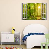 216 Wandtattoo Fenster - grüner Wald 2 Sonnenstrahlen - in 5 Größen - Wandbild Paradies Wanddeko Bild 3
