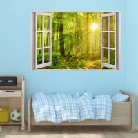 216 Wandtattoo Fenster - grüner Wald 2 Sonnenstrahlen - in 5 Größen - Wandbild Paradies Wanddeko Bild 4