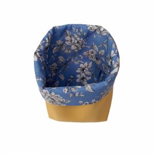 Bobbeltasche, Utensilio, Wendekörbchen gelbes Kunstleder, blauer Baumwollstoff mit weißen Blumen Bild 3