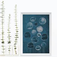 Aquarell Druck, kugelige Blumen in Blautönen vor blauem Hintergrund, Kunstdruck mit Muster und Linien, Größe DIN A4 Bild 1