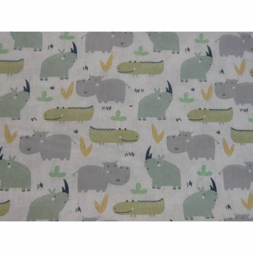 10,80 EUR/m Baumwolle Stoff Rhino Flusspferd / Hippo / Nilpferd bunt auf weiß