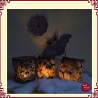 3 Lichtbeutel (ca. 10cm hoch) aus gebatiktem Stoff mit Stick-Motiven  "Halloween" Bild 6