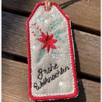Weihnachtszweig-Geschenkanhänger aus Leinen und Jute - bestickt mit 'Frohe Weihnachten' Bild 3