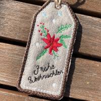 Weihnachtszweig-Geschenkanhänger aus Leinen und Jute - bestickt mit 'Frohe Weihnachten' Bild 5