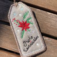 Weihnachtszweig-Geschenkanhänger aus Leinen und Jute - bestickt mit 'Frohe Weihnachten' Bild 6