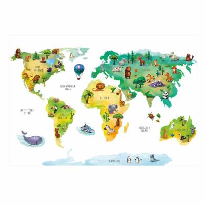 202 Wandtattoo Weltkarte mit Tieren - Kinderzimmer Wanddeko - in 4 Größen - schöne Kinderzimmer Sticker