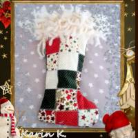 Nikolausstiefel Weihnachtsstiefel in Weiß Grün Rot Patchwork Innenfutter handgestrickte Krempe in Wollweiß Bild 10
