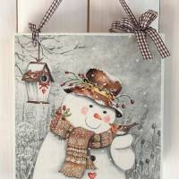 Süßes Holzbild, Schneemann mit Rotkehlchen, Shabby Bild 1