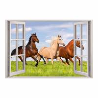 157 Wandtattoo Fenster - Pferde auf Wiese - in 5 Größen - Wandbild Paradies Wanddeko Bild 1