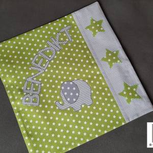 Kissen Kissenhülle Sterne mit ELEFANT und Name grün grau Bild 1