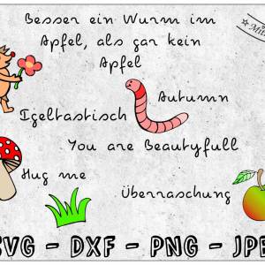 Plotterdatei - Igel - Igelchen - SVG - DXF - PNG - Jpeg + Digipapier - Datei - Apfel - Regenwurm - Pilz Bild 1